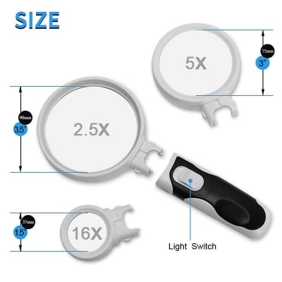 Picture of Hand Held Magnifying Magnifier 2 LED Lights Intercheable LENSES READING 16X 5X 2 (White)