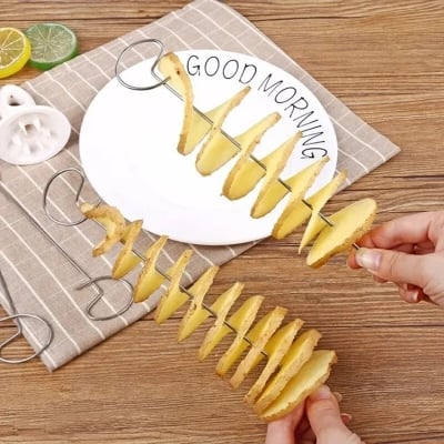 Picture of 1 pcs Stainless Steel Twisted Potato Spiral Slice Plastic Rotate Potato Slicer Cutter Creative Vegetable Tool (White)