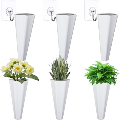 Picture of Wall Vases Planter 1/2/3 pcs Hanging cone Flower Pot with sticky hook White Vase Hanging Pot Without Hole Planters Plastic Wall Plant Pot Pot Wall Pot Flower Pot for Succulents Home Office Garden (White 3 Pcs)
