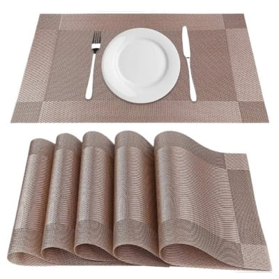 Picture of 4 Pcs Table Mats PVC Placemats Heat-Resistant Placemat for Dining Table Woven Vinyl Stain Resistant Table Mats Easy to Clean (Coffee)