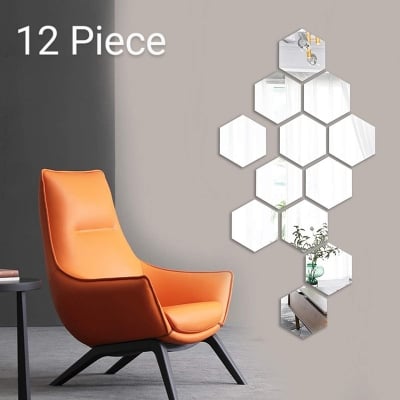 Picture of 12Pcs/Set Hexagonal Self-adhesive Honeycomb Wall mirror Sticker 3D Acrylic Mirror Home Background Wall DIY (White)