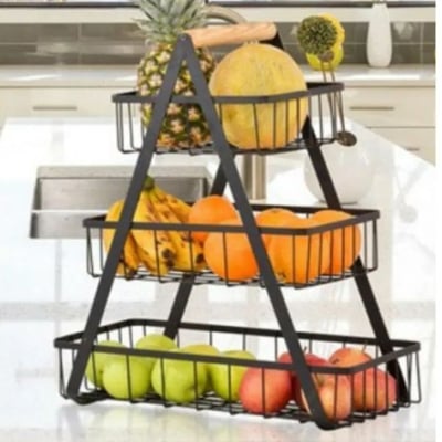 Picture of 3-Tier Fruit & Vegetable Basket Stand with Handle – Elegant Dining Storage Rack 3-Layer Countertop Fruit Basket Storage, Vegetable Rack Bread Display Stand for Kitchen, Black (Black)