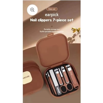 Picture of Stainless Steel Nail Clipper Set with Grooming Tools, Non-Slip Handles, Personal Care Nail Cutter Kit With Portable Case for Men & Women (Brown) 
