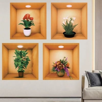 Picture of 2pcs Potted Plant Illustration Decoration Sticker Wall Sticker Self-Adhesive PVC Living Room Wall Pediments Plant (Multicolor)