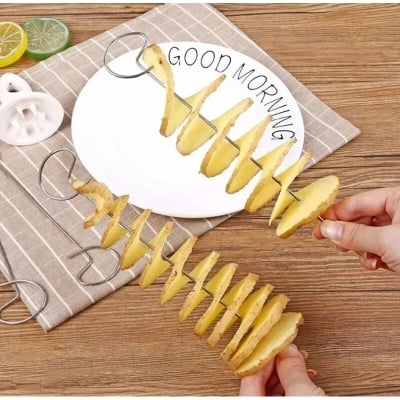 Picture of 1 pcs Stainless Steel Twisted Potato Spiral Slice Plastic Rotate Potato Slicer Cutter Creative Vegetable Tool (White)