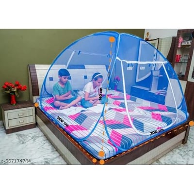 Picture of Portable Polyester Mosquito Net with Stand for Single Bed, High-Quality Portable Bed Net, 3.5'x7 - Easy to Set Up and Carry Lazy Adult Mosquito Net (Blue Double bed 7/5F)