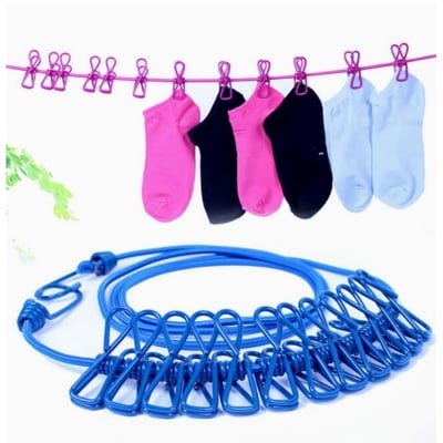Picture of Elastic Cloth Hanging Rope Cloth Drying Outdoor Travel Portable 12 Clips 2 Hooks (Multicolor)