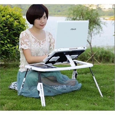 Picture of Height Adjustable Laptop Bed Table, Portable Lap Desk with Foldable Legs, Breakfast Tray for, Notebook Computer Stand for Reading Writing on Bed Couch Sofa Floor (Black Plastic eTable)