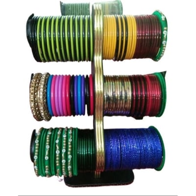 Picture of Wooden bracelet holder Bangle Organizer for Women 3 step bangle Bracelet Display Stand Holder with golden border. চুড়ির আলনা (3 Layer Fixed Wooden)