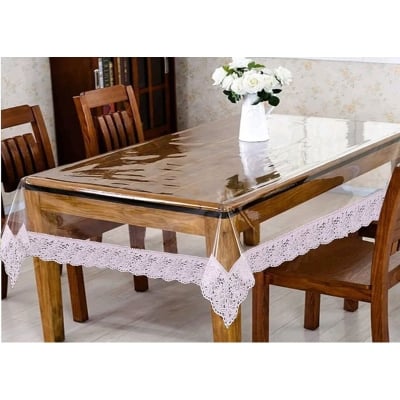 Picture of 1 pcs PVC Transparent Table Cover with Silver Lace Waterproof, Spill-Proof, Oil-Proof, Heat-Proof, Easy Wipe Clean, 0.15mm Thickness for Home, Office (Dining Table( 60 X 90 Inch)) (CLEAR)
