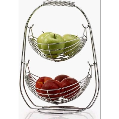 Picture of 2 Tiers Fruit Basket Swinging Fruit Hammock,Chrome Fruit Display Storage Basket for Fruit Vegetable Bread Kitchen Counter Living Room (Silver)