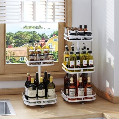 Picture of 3 Tier Steel White Square Rotating Multi-Function Kitchen Portable Storage Spice Seasoning Kitchen Countertop Organiser Shelf (Black)
