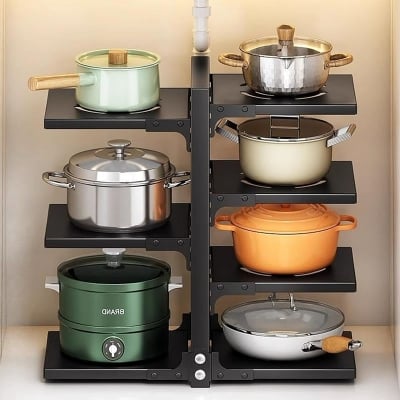 Picture of Pots and Pans Organizer for Cabinet Storage, Adjustable 7-Tier Heavy-Duty Pot Rack for Kitchen Organization, Pot Lid and Pan Holder, Space-Saving Kitchen Cabinet Organizer Rack (7 tiers) (Black)