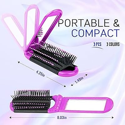 Picture of Hair Brush Women Portable Travel Folding Hair Brush With Mirror Compact Pocket Size Comb Hairbrush 