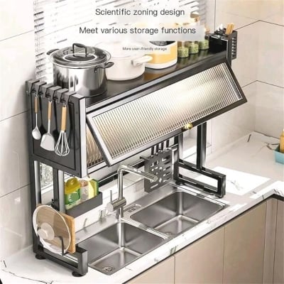 Picture of Dish Drying Rack Dish Drain Rack Multifunctional Countertop Sink Kitchen Sink Rack Sink Above The Bowl Storage Cabinet for Various Kitchenware Long 65 cm (Black)