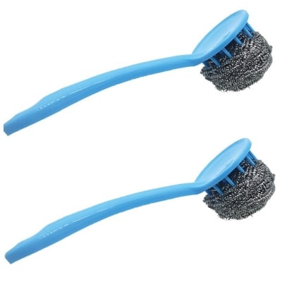 Picture of 2 Pc Metallic Scourer Brush with Plastic Handle Steel Wool Scrubber Steel Scouring Pad (Multicolor 2 Pcs)