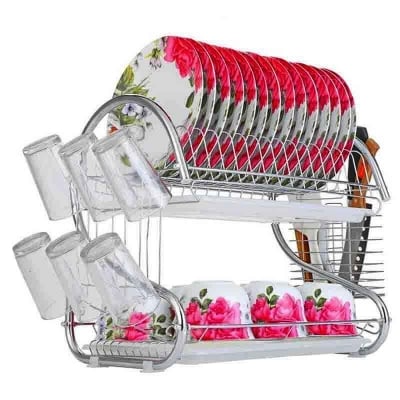Picture of Stainless Steel Dish Drying Rack 2-Tier Dish Rack with Utensil Holder and Tiered Design , Kitchen Counter Dish Drainer , Dish Dryer Rack Over Sink Organizer (Silver)