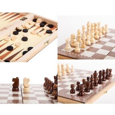 Picture of 12" x 12" Portable Wooden Chess Set 3 in 1 Game Set - Chess / Checkers / Backgammon with Folding Board and Handcrafted Wooden Pieces (Brown)