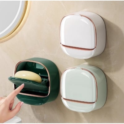 Picture of Waterproof Soap Dish with Drainage Box, 1 pcs Adhesive Soap Dish, Wall Mounted Drain Soap Box with Flip Lid Waterproof Sponge, NO-Drilling Soap Dish Holder for Bathroom (Multicolor)