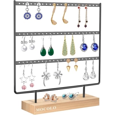 Picture of Earring Organiser, Earring Display Stand, Earring Holder for Hanging Earrings (66 Holes & 3 Layers), Wood Stand for Earrings Pendants Bracelets Jewelry Display Stud Earrings Holder Jewellery Rack (Multicolor)