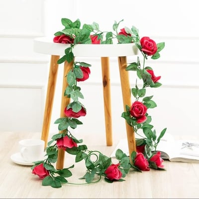 Picture of 1 Pcs Artificial Rose Flower Garland 7 fit for Decoration Fake Floral Garland Decor Flower Vine for Garden Party Decorations (Red)