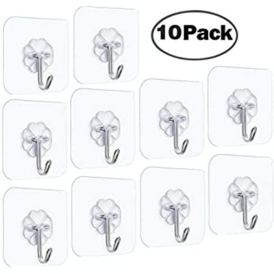 Picture of 1/5/10 Pcs Adhesive Hooks Hanger Removal Sticky Hooks Wall Hooks Waterproof Self Adhesive Hooks Clear Heavy Duty Sticky (Clear 10 Pcs)