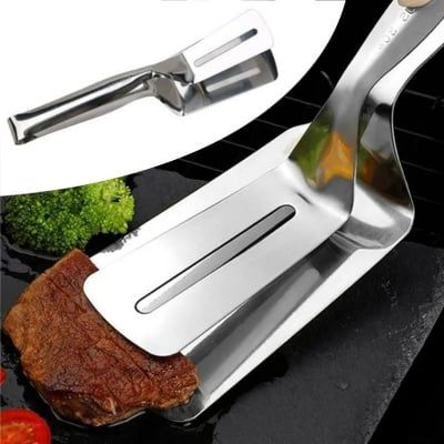 Picture of Kitchen Tongs Stainless Steel Food Bread Salad Tongs 1 PCS Fried Steak Turner BBQ Meat Tongs Clamp Food Serving Tongs Premium Stainless Steel Cooking Tongs with Thickened Handle (Silver)