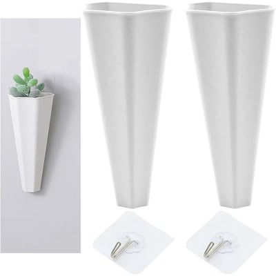 Picture of Wall Vases Planter 1/2/3 pcs Hanging cone Flower Pot with sticky hook White Vase Hanging Pot Without Hole Planters Plastic Wall Plant Pot Pot Wall Pot Flower Pot for Succulents Home Office Garden (White 2 Pcs)