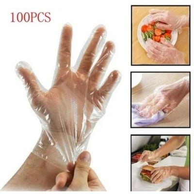 Picture of Disposable (Use and Throw) Food Cooking Plastic Hand Gloves for Protection- Free Size (Transparent, Pack of 100 Pieces (CLEAR,Single)