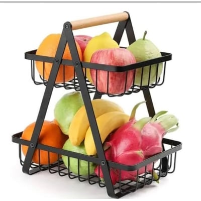 Picture of Multipurpose Kitchen Organizer 2/3 Layer with Wooden Handle for Fruits, Vegetables, and Bread Countertop Fruit Basket Fruit Bowl Bread Basket Vegetable Holder for Kitchen Storage Rack (2 LAYER)