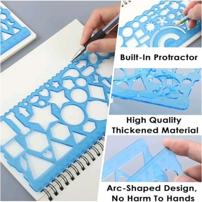 Picture of 2 Pcs Geometric Drawings Templates, Multi-Shaped Drafting Stencils, Plastic Measuring Templates Rulers Clear Drawing Triangle Tool Protractor Set for Studying Designing Office(Blue) (Multicolor)