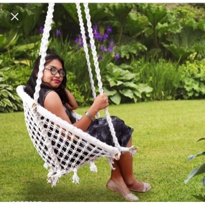 Picture of Halder Jute Handmade Indoor & Outdoor D Shape Hanging Swing Chair | Jhula with Cushion, Iron S Hook & 3M Nylon Rope | Cotton, White, 70 x 65 x 150 cm | Living Room, Balcony, Patio & Garden (Off White)