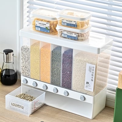 Picture of Kitchen Storage Container - Wall Mounted Cereal Plastic Dispenser 6 Grid Dry Food Dispenser Space Saving Storage Containers for Cereal, Rice, Nuts, Candy, Coffee Bean, Snack, Grain (CLEAR)