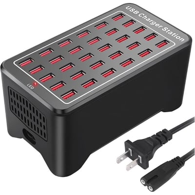 Picture of 30 Port 150W(30A) USB Charging Station - Multi Port USB Hub with Smart Detect for Smartphones, Tablets and Other Electronics (Black)