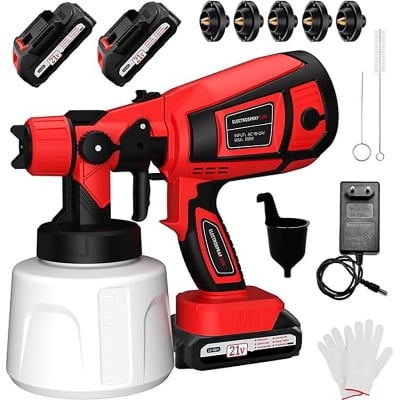 Picture of Paint Sprayer, 650W Cordless with 2 X 4.0mAh 21V Battery, All Copper Motor 5 Nozzles & 3 Spray Modes, 1000ml Container, Paint Sprayer Gun for House Painting, Ideal for Fence Cabinets Wall (Red)