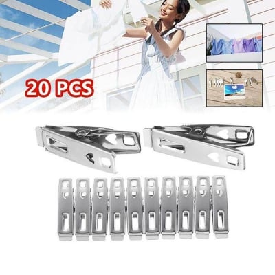 Picture of 20 Pieces Stainless Steel Clothes Hanging Clips, 20 Pcs Stainless Steel Clothes Clip Set for Drying Clothes (Silver)