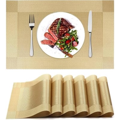 Picture of 6 Pcs Placemat 45x30 cm Washable PVC Table Mats for Dining Table Woven Vinyl Heat Resistant Place Mats Wipe Clean (Gold)