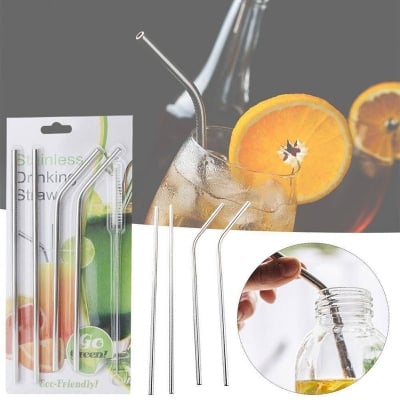 Picture of 4pcs Reusable Stainless Steel Drinking Straws with Cleaner Brush (Silver)
