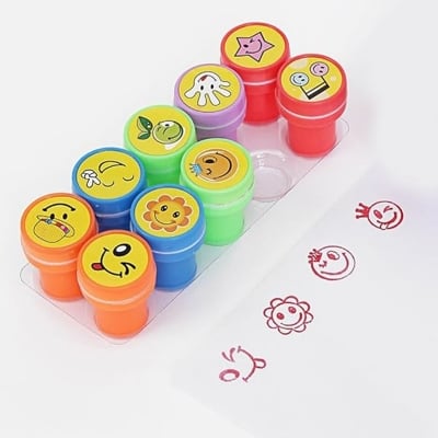Picture of 10 Pieces Assorted Emoji Stamps for Kids, Boys & Girls. Self-Ink Stamps for Party Favor, School Prizes, Teacher Stamps, Arts and Crafts, School Supplies (Multicolor)