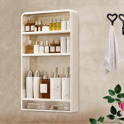 Picture of 4 Tier Kitchen, Bathroom, Wall Mounted Shelf Multifunctional Toiletries Storage Rack. Kitchen Seasoning Bottle Storage Rack. Cosmetic Organizer (White)