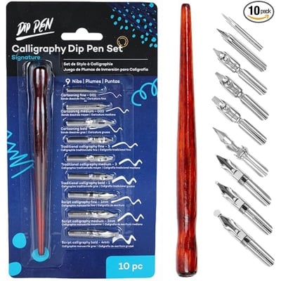 Picture of Mont Marte Calligraphy Dip Pen Set 9 Nibs, Includes Wooden Dip Pen Handle, Interchangeable Nibs - Fountain Pen (Red)