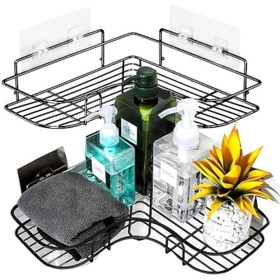 Picture of Bathroom Shelves Corner Shower Caddy Rustproof, Adhesive Bathroom Shelf Storage Organizer Wall Mount No Drilling, Stainless Steel Floating Shelf for 90° Right Angle Corner (Black)