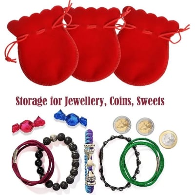 Picture of 5 pcs Velvet Pouch Small Jewelry Pouch Velvet Pouch with Drawstring Gift Bag Jewelry Pouch DIY Candy Gift Bags for Jewelry Gift Party Wedding Occasions,Portable,9x7cm (Red)