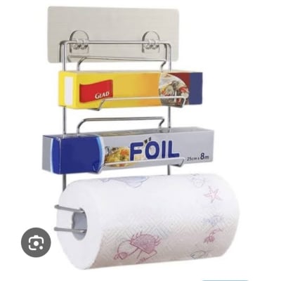 Picture of Wall Mounted Kitchen Organiser Self Adhesive Tissue/Clingwrap Holder Stainless steel Storage Rack (Silver)