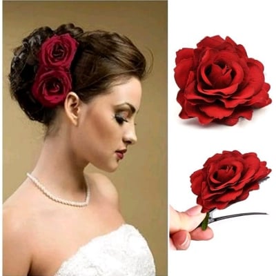 Picture of Artificial Rose Flowers Hair Clips/Pins For Women's and Girls Hair Accessories,set of 2 red color (Red,Int:L)