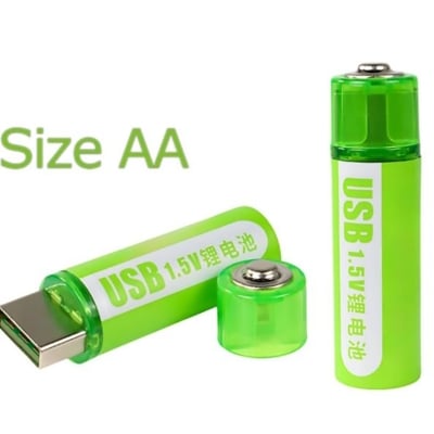 Picture of USB Port Rechargable  pencil1.5V AA Batteries, 1000 Cycles Li ion, 1600mWh with LED Battery Charging Indicator- (Green)