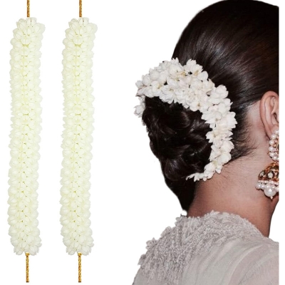 Picture of 2 PCS WhiteTie up Gajra Hair Accessories Long Band Gajra Hair Accessories Hair Flower Bun Artificial Gajra For Hair Gajra (2 PCS Off White,Int: One size)