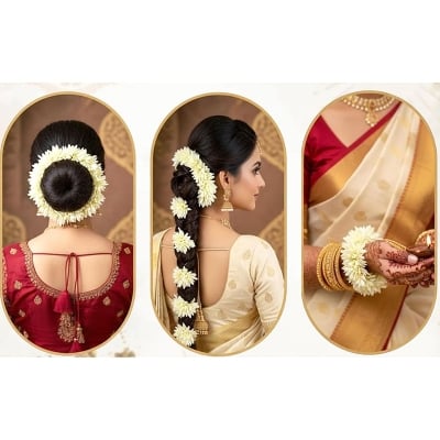 Picture of 1/2/3 PCS Scented Gajra Hair Accessories Hair Flower Bun Artificial Gajra For Hair Gajra Scrunchies Rubber Band (3 PCS Off White,Int: One size)