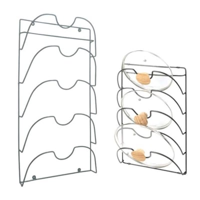 Picture of Metal Wire Pot and Pan Lid Rack Organizer for Kitchen Cabinet Doors or Wall Mount - Upright Storage Holder with 5 Slots - Black (Black)