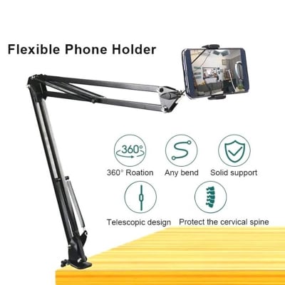 Picture of Overhead Video Stand Phone Holder Articulating Arm Phone Mount Table Top ChromLives Scissor Boom Arm (Black)